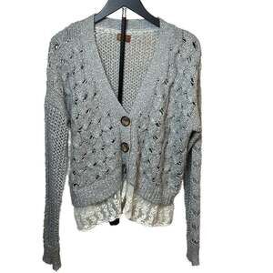 POL Clothing Gray Open Knit Pointelle Cropped Cardigan  Lace  Detail  Women’s L